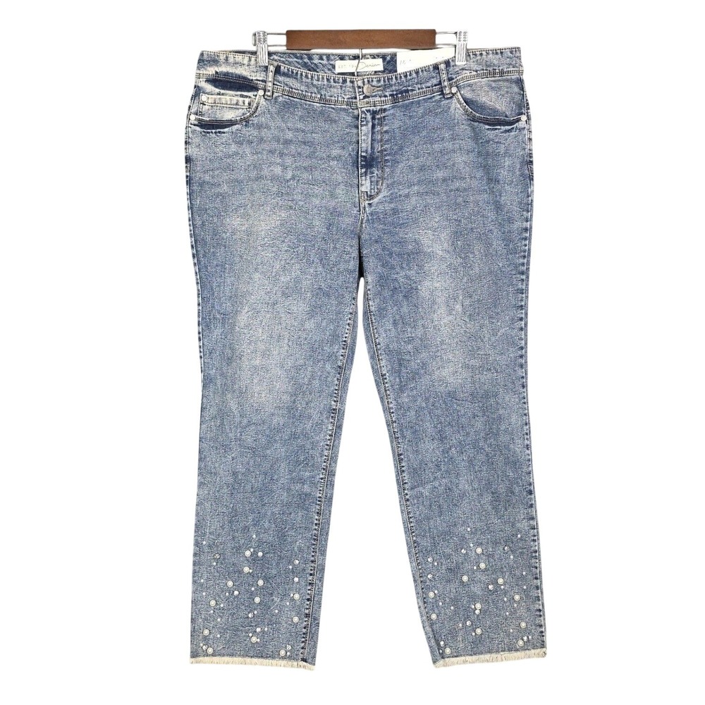 Cato Est 1946 Straight Ankle Mid Rise Pearl Rhinestone Blue NWT Jeans Womens 16